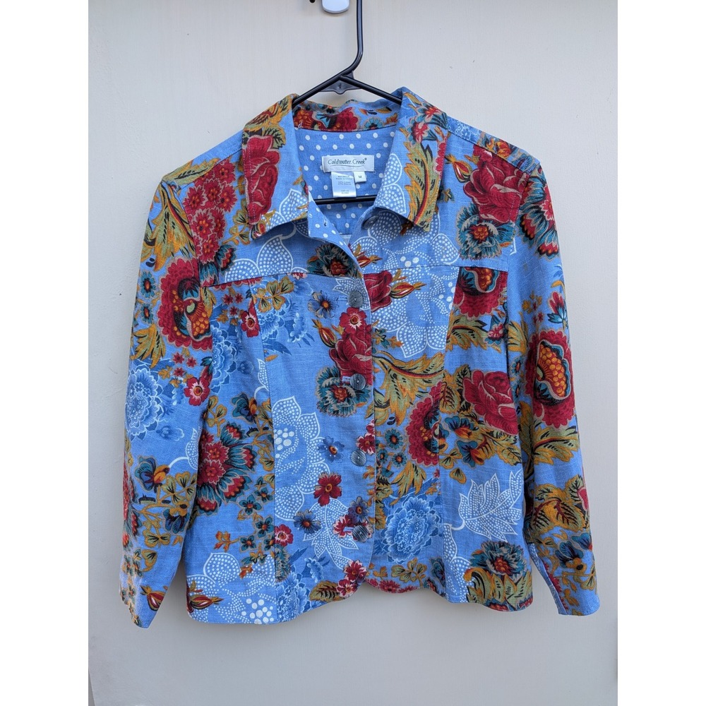 Coldwater Creek Blue Floral Print Linen Blend Button Up Jacket‎ Size Medium